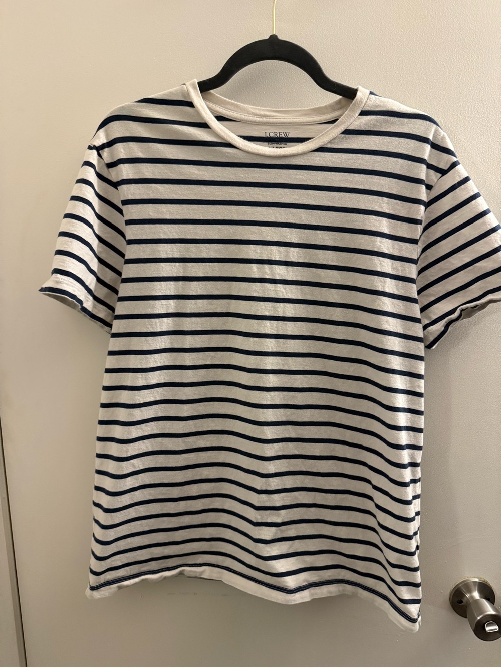J. Crew Men’s White and Navy Striped Short-Sleeve Tee